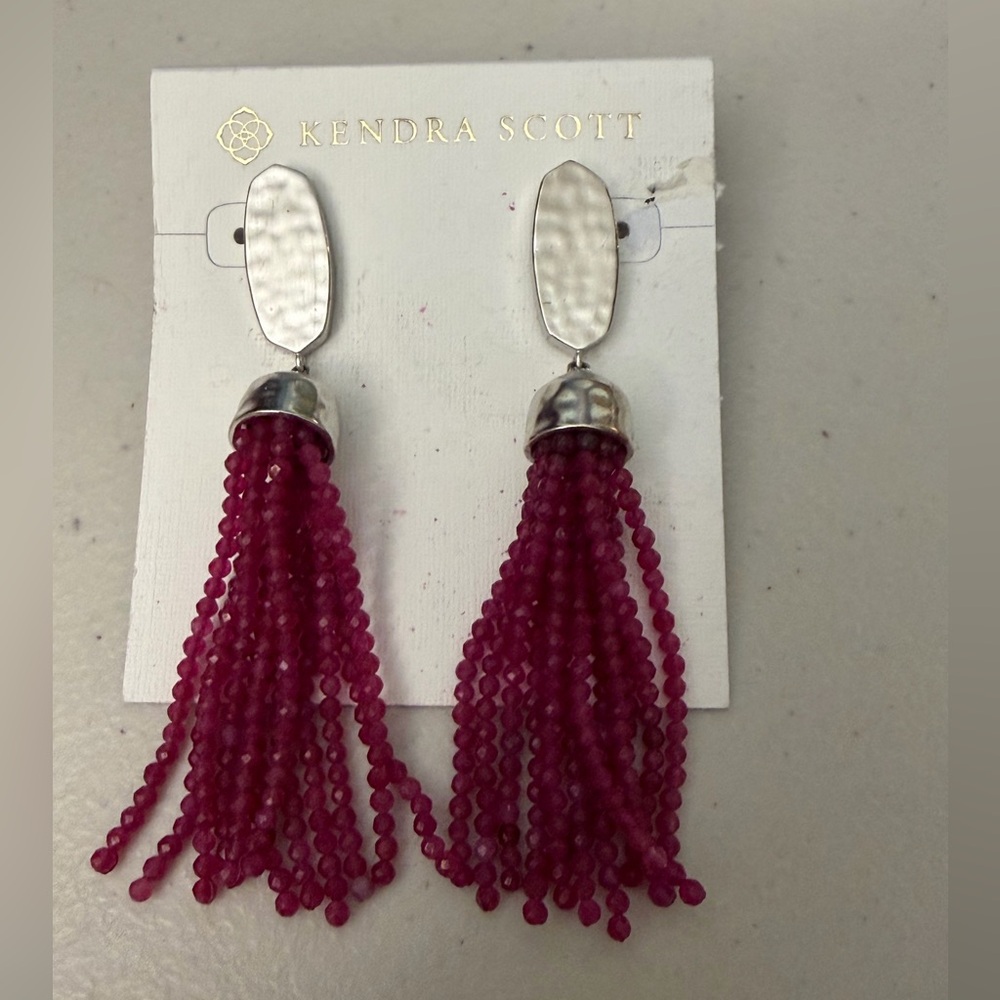New Kendra Scott Silver Statement Earrings • Beaded Drop Tassel • Burgundy